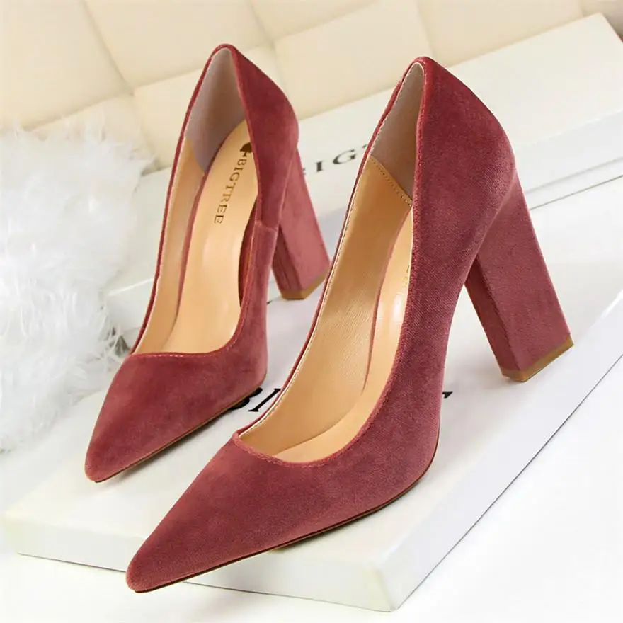 BIGTREE/Осенняя обувь на высоком каблуке в сдержанном стиле женские модные однотонные офисные туфли на низком каблуке из флока пикантные женские вечерние туфли с острым носком - Цвет: Pink