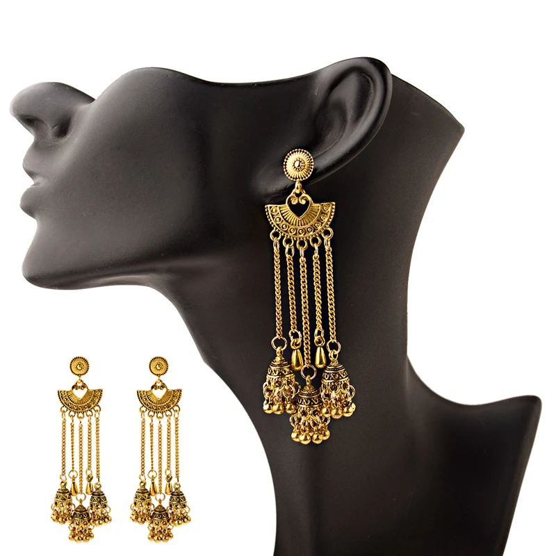 OIQUEI женские индийские серьги Jhumka в стиле бохо,, золотые, серебряные, металлические Большие колокольчики, длинные висячие серьги с кисточками, женские цыганские украшения