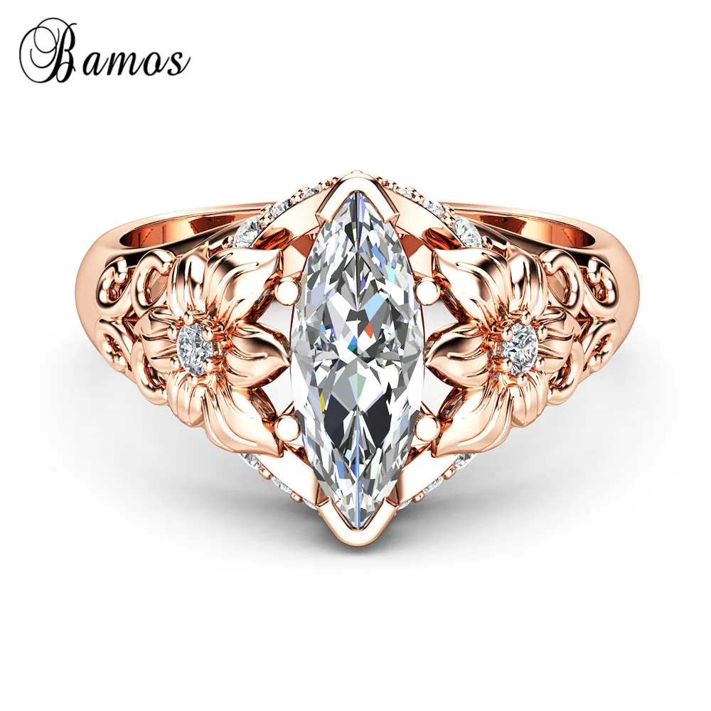 

Bamos Luxury Female Zircon Stone Ring 18KT Rose Gold Filled Ring Vintage Wedding Band Promise Engagement Rings For Women