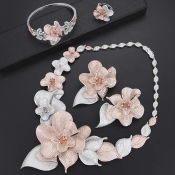 

Luxury Bloosm Bridal african jewelry set Cubic Zirconia Nigerian dubai Necklace Earrings Bracelet Ring wedding jewelry For Women