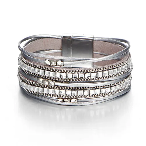 DIEZI винтажные мужские серебряные браслеты с драгоценным камнем для женщин, повседневные подарочные браслеты с магнитной пряжкой из искусственной кожи стразы, браслеты - Окраска металла: silver