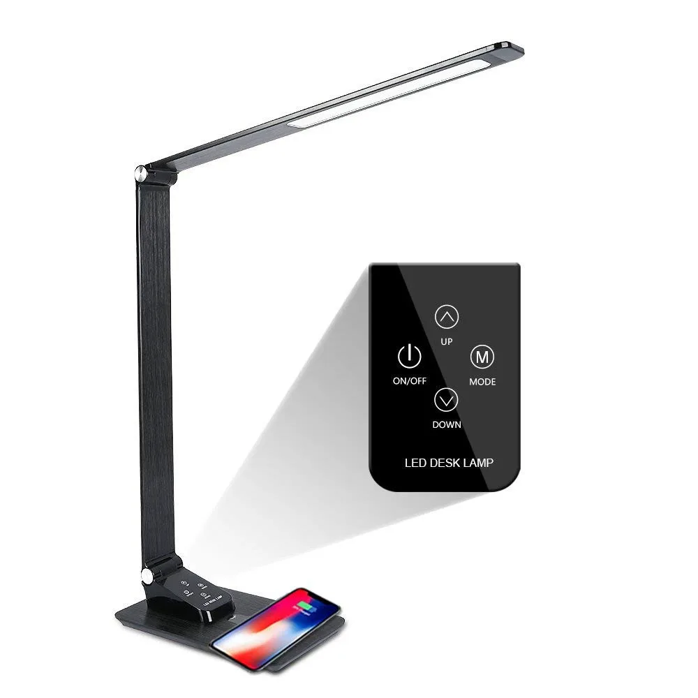 LED Desk Lamp with USB Port,Premium Metal Office Light with Wireless Charger,3 Lighting Modes,5 Brightness Levels,7W,Black