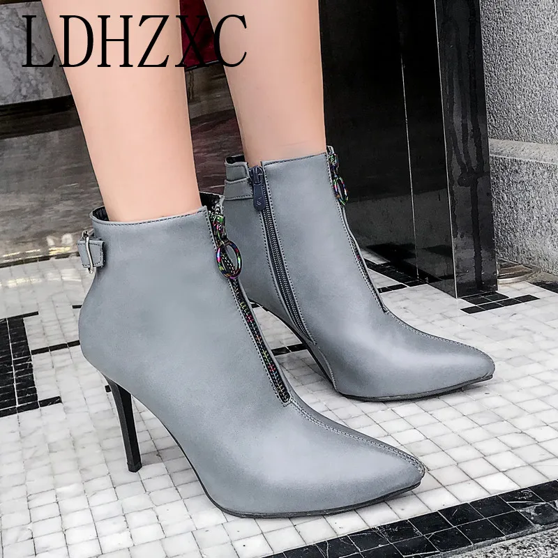 

LDHZXC 2019 Pu Leather Pointed Toe Women Ankle Boots Fashion Hoof High Heel All Match Short Woman Shoes Boots Size 34-48