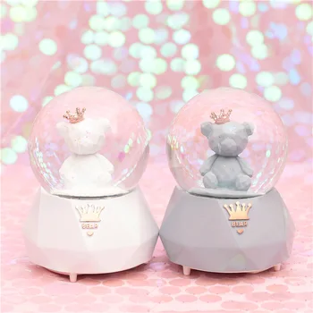 

Romantic Couple Flamingo Bear Crystal Ball Crown Bear Music Box Automatic Snowing with Snowflakes Night Light Snow Globes Ball