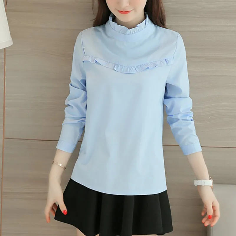 Women Blouse White Shirt Top Femme Casual Stand OL Work Solid Blouses 2 Styles