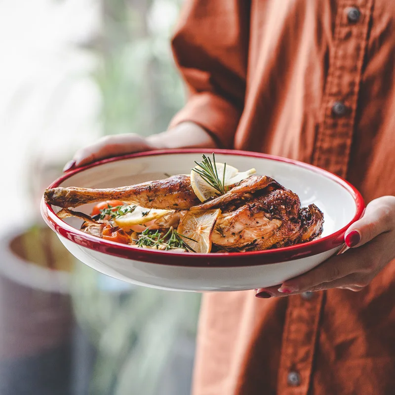 Japanese baking pan classic thicken red blue side large disc porcelain