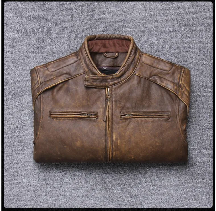 Винтажная коричневая американская мотоциклетная кожаная куртка размера плюс XXXXXL из натуральной толстой воловьей кожи, весеннее байкерское пальто