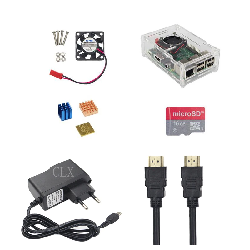 

Raspberry Pi 3 module+ Accessories kit Acrylic Case+ Fan+5V 2.5A Power+Heat Sink+16G SD Card+HDMI Cable for RPI 3B/3B+