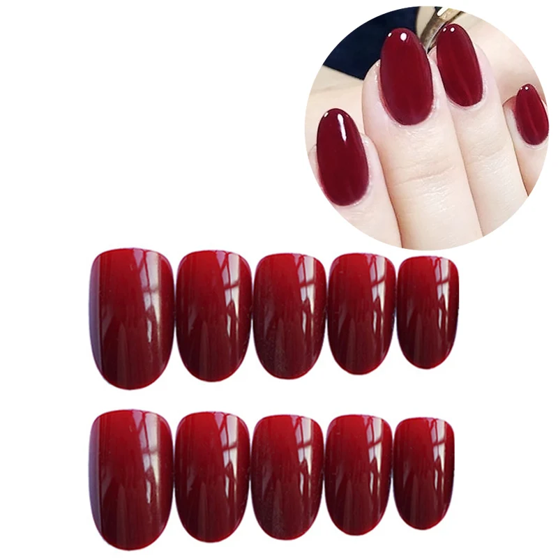 24pcs/Set Gorgeous Wine Red False Nails With Glue Middle Long Round Head Full Nail Tips Finished Fake Nail artificial nails - Цвет: Красный