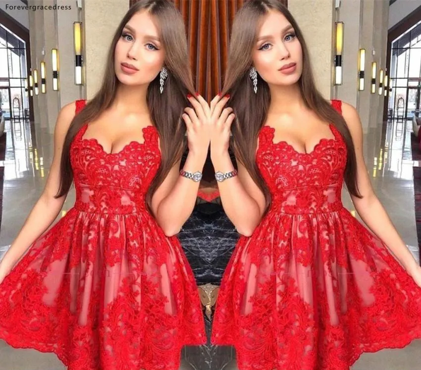 Red Lace Homecoming Dresses 2019 New Arabic A Line Spaghetti Straps Short Tulle Prom Cocktail Gowns Evening Dress BC0014  110 (3)