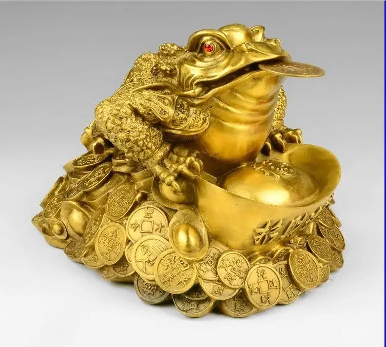 

China Brass Copper Feng shui Yuanbao Wealth Money Three Feet Golden toad Statue
