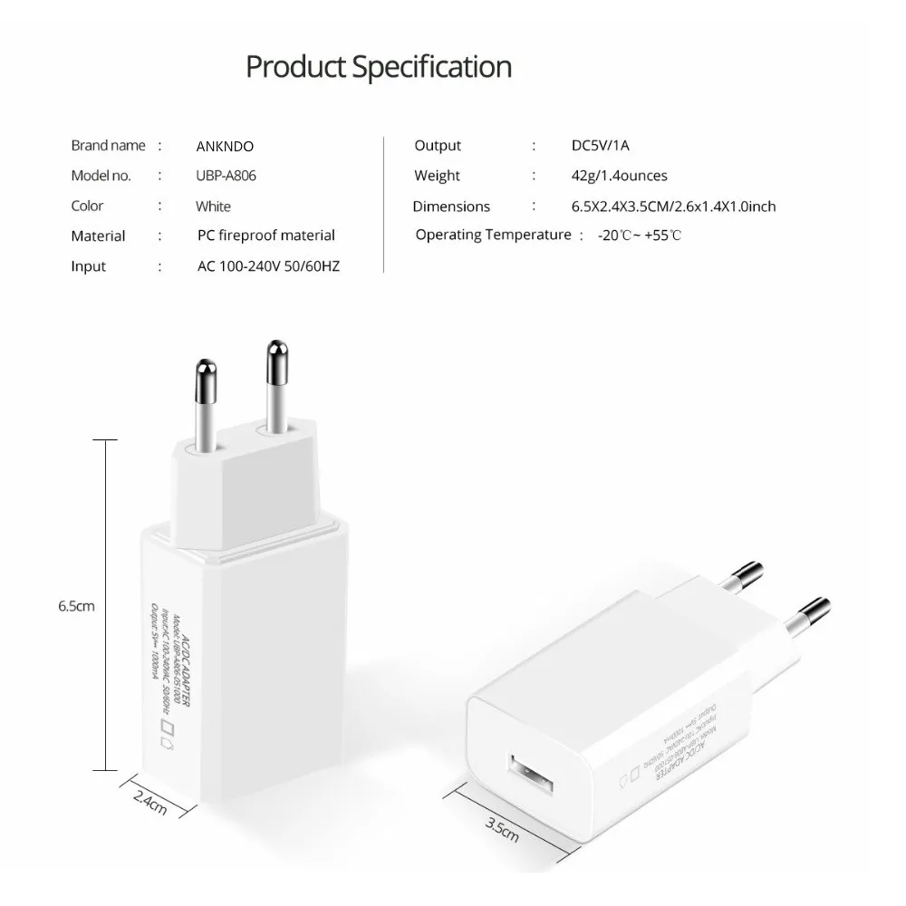 ANKNDO 5v 1a USB зарядное устройство Универсальное для телефона безопасный корпус AC/DC