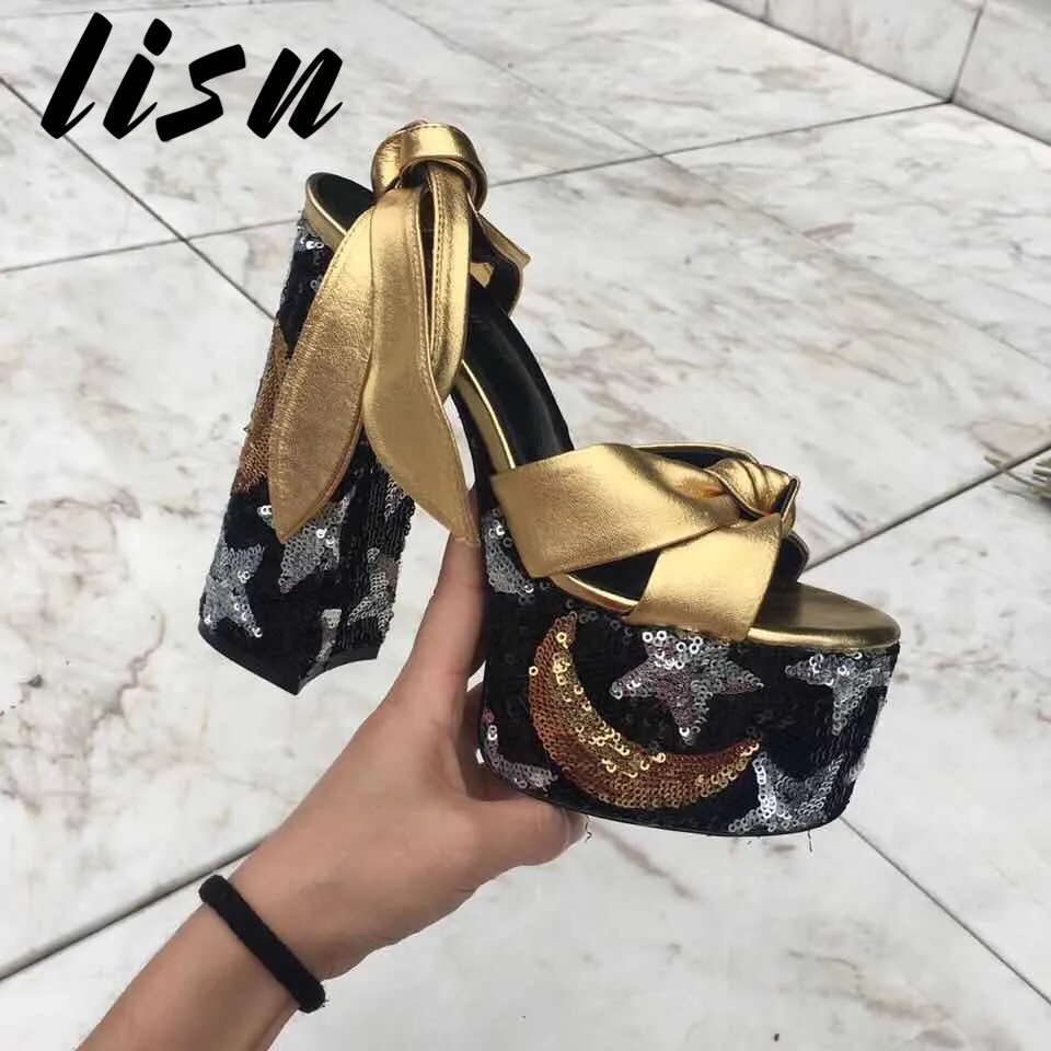 

LISN New Genuine Leather Bowtie Summer Sandals Open Toe Sexy Platform Chunky Heel Sandals Shoes Women