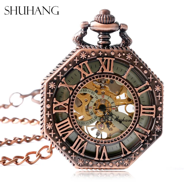 SHUHANG Snowflake Octagon Pendant Luxury Rose Gold Mechanical Wind Up Pocket Wat SHUHANG Snowflake Octagon Pendant Luxury Rose Gold Mechanical Wind Up Pocket Wat
