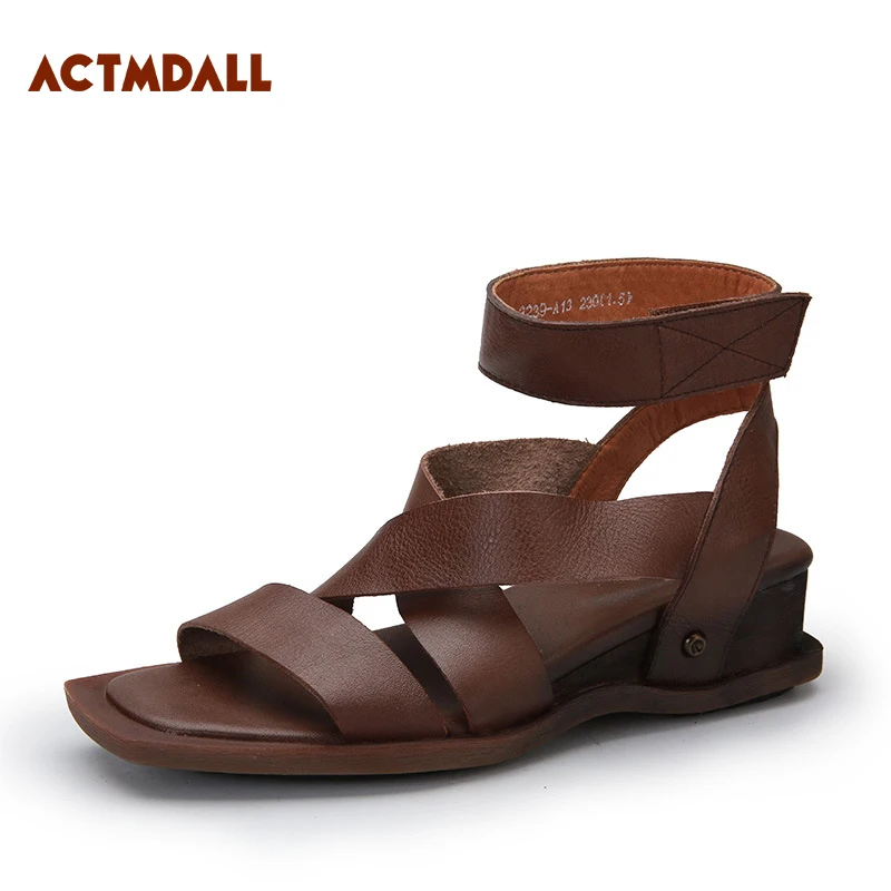 

2018 Personality Sandals Women Cow leather Rome Sandals Platform Wedge Heel Cross Strap Ladies Summer Shoes 4CM Actmdall