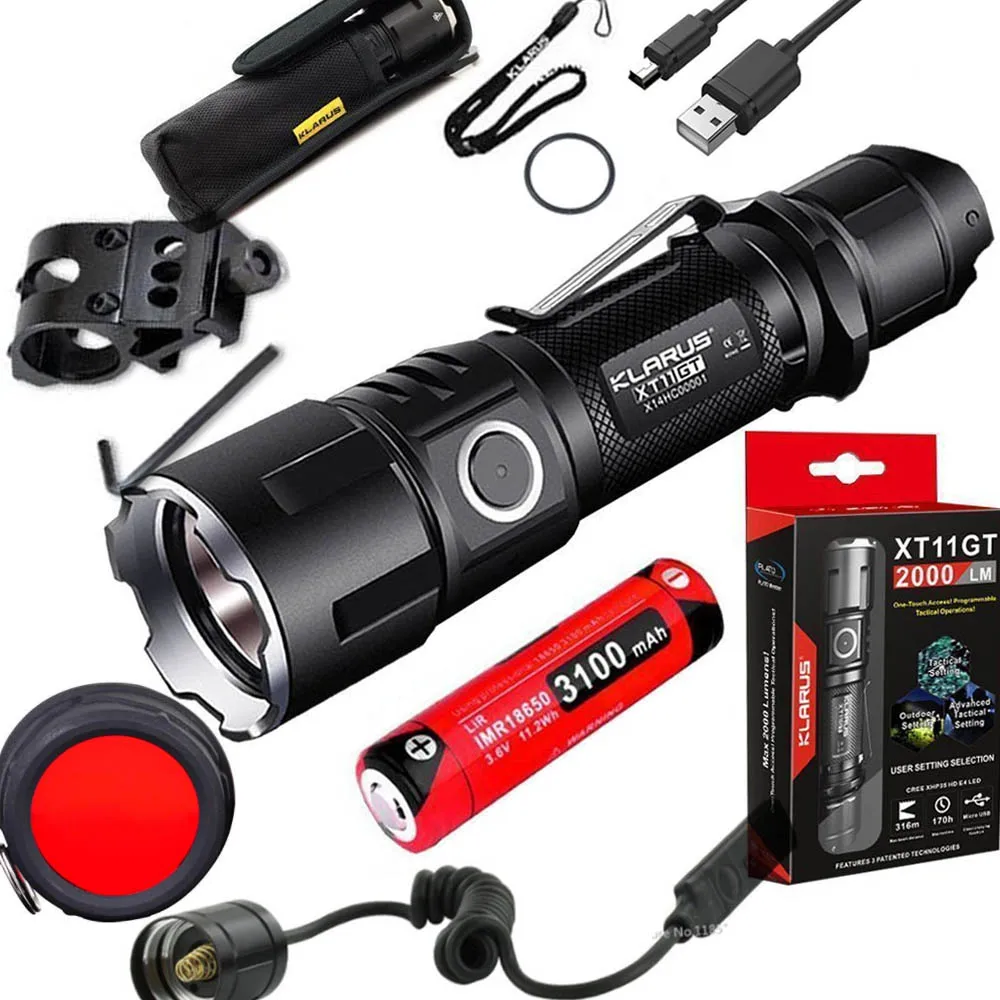 

Tactical Flashlight KLARUS XT11GT CREE XHP35 HI D4 LED max. 2000lm beam distance 316 meter torch + battery,TRS1,GMG-3,FT11