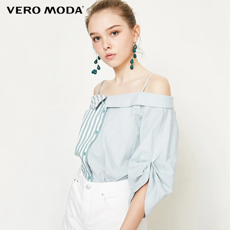  Vero Moda New Women's Stripe Splice Turn-down Collar 3/4 Sleeves Blouse Shirt  318331549