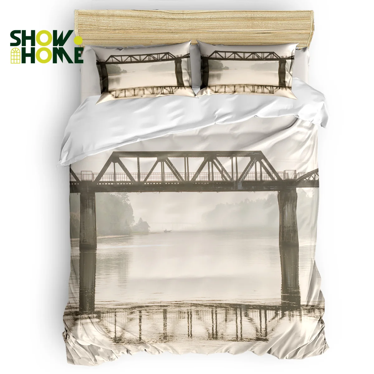 

SHOWHOME Duvet Cover Set Retro Bridge Duvet Cover 4 Piece Bedding Set