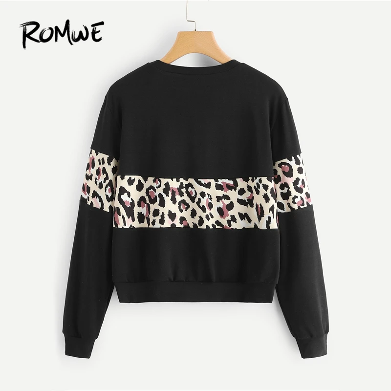 ROMWE черная леопардовая контрастная укороченная толстовка женская одежда Осенняя женская модная одежда повседневные толстовки пуловер