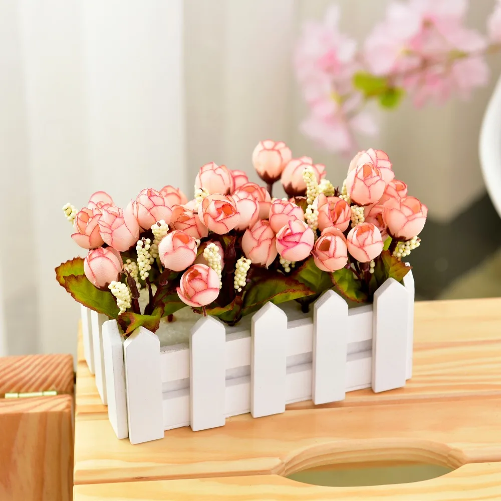 Искусственные цветы розовый бутон набор для ресторана цветок для украшения сада+ 16 см деревянный забор ваза для бонсай дом Декор поддельный цветок