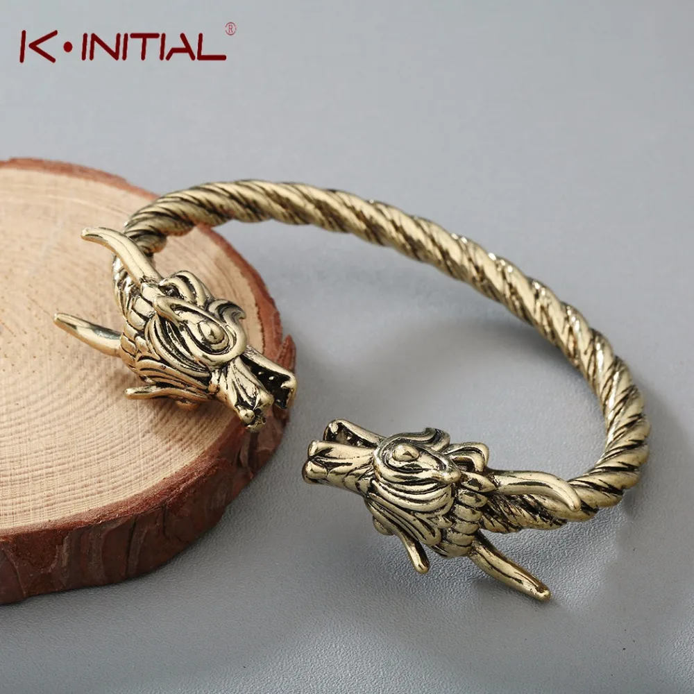 

Kinitial Viking Jewelry Men Double Dragon Heads Cuff Twist Bracelet Bangle Adjustable Retro Wire Bangle Men Women Gift