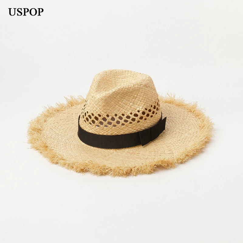 

USPOP 2019 new women straw hats fashion summer jazz fedoras top raffia sun hats hollow out rough edges beach hat