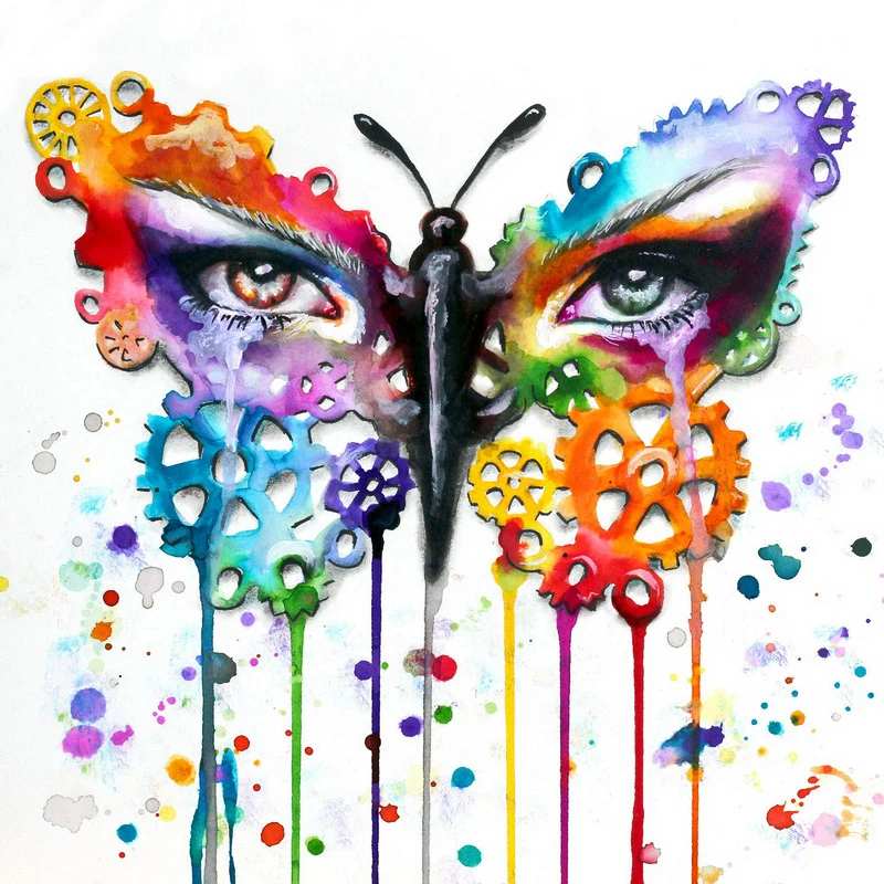 Spray painting colorful butterfly and portrait on oil canvas for home