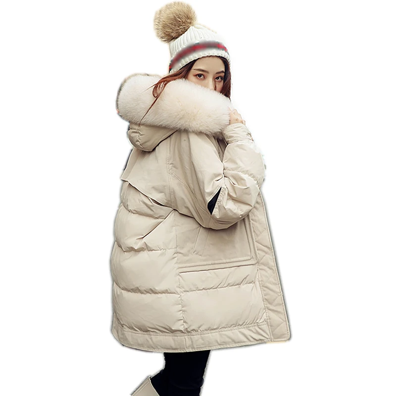 

Down Jacket Natural Fox Fur Collar 2019 Winter Jacket Women Loose long Down Coat White Duck Down Jacket Thick Warm Down Parka