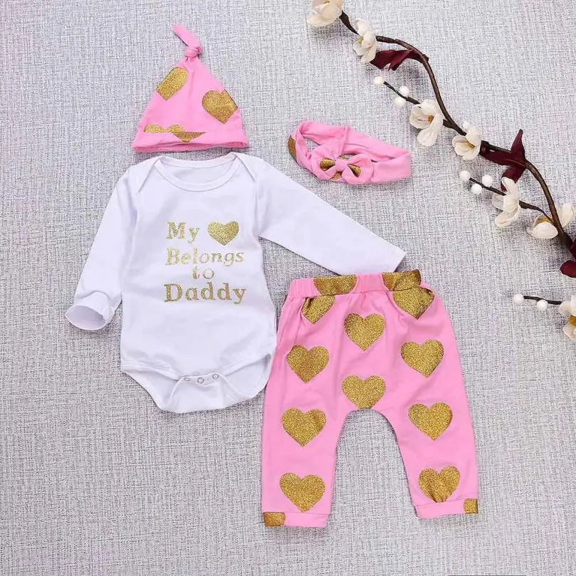 

New Arrival 4PCS Toddler Baby Clothing Letter Print Romper+Heart Print Pants+Hat+Headband Outfit Minnie Kids Children's Clothes