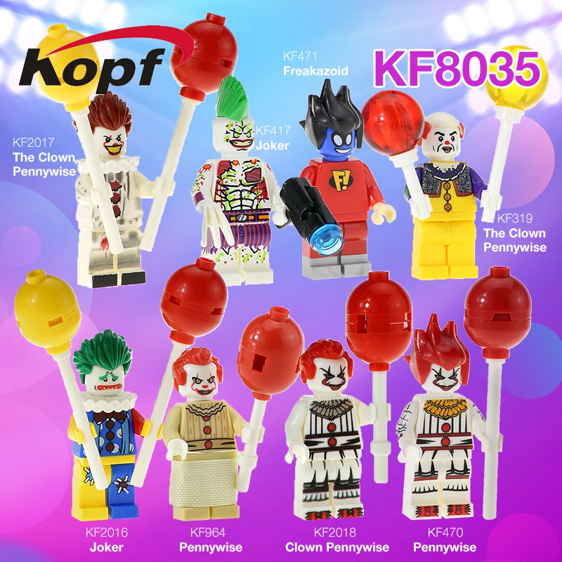 

Single Sale Building Blocks Super Heroes Freakazoid The Clown Pennywise Redux Joker With Balloon Figures Children Toys KF8035