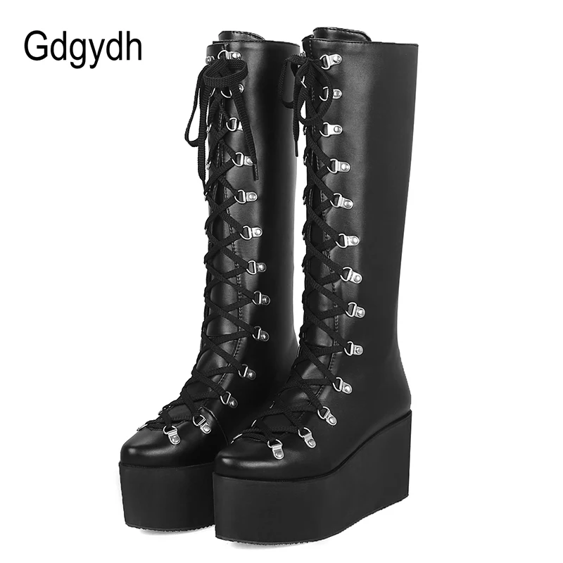 Tanie Gdgydh damskie buty do kolan klinowe obcasy buty na platformie kobieta Punk Gothic buty szpiczasty nosek zasznurować wygodne duże rozmiary 43