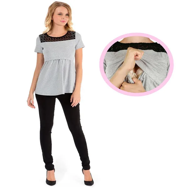 

Lace Maternity Elastic Summer Tees Tops Clothes 2019 Breastfeeding Tops Nursing T-shirt Double Layer T-shirt For Pregnant Women