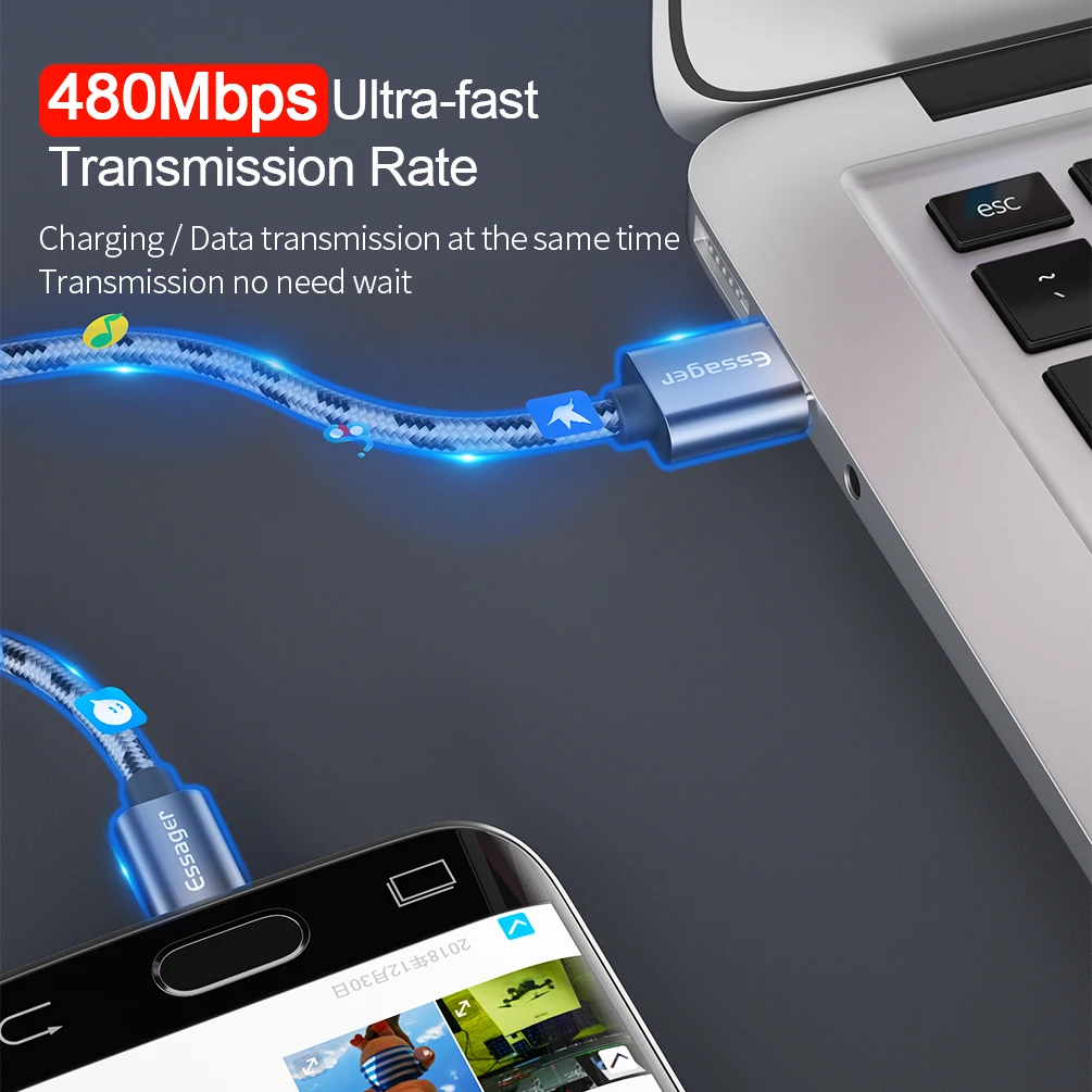 Essager النايلون المصغّر usb كابل 2.4A سريع شحن بيانات كابل الشاحن لسامسونج Xiaomi سلك Microusb الحبل 1 M 2 M الهاتف المحمول الكابلات