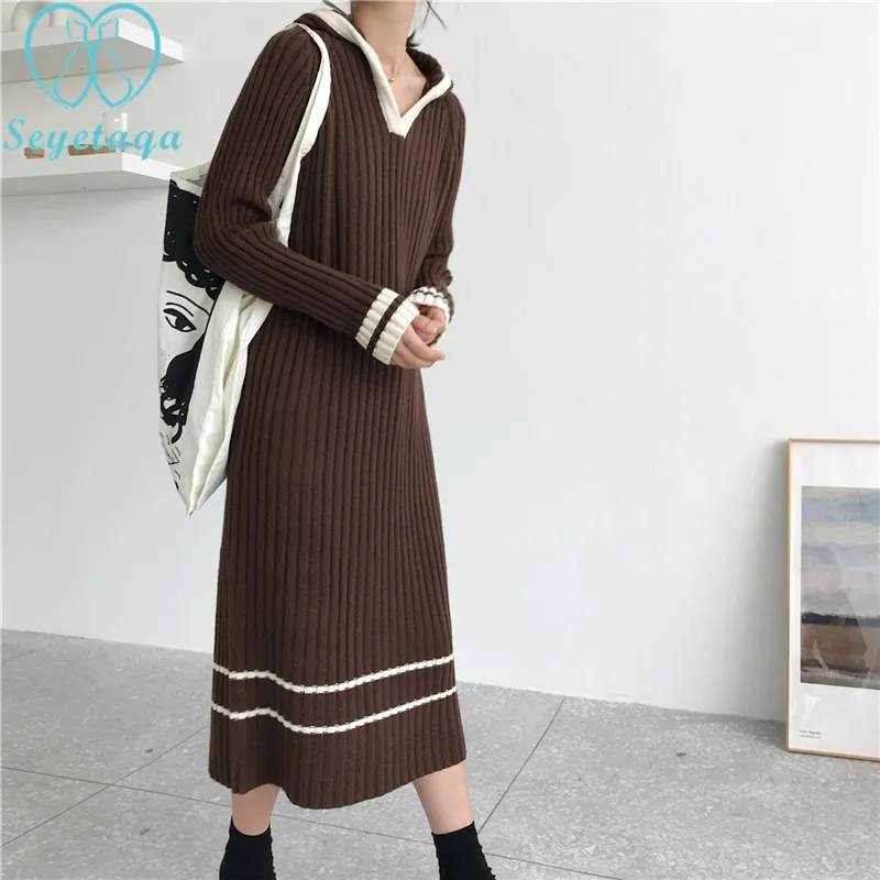 

830# Winter Maternity Long Sweaters Dress V neck Hoodies Large Size Loose Knitted Clothes for Pregnant Women Warm Pregnancy