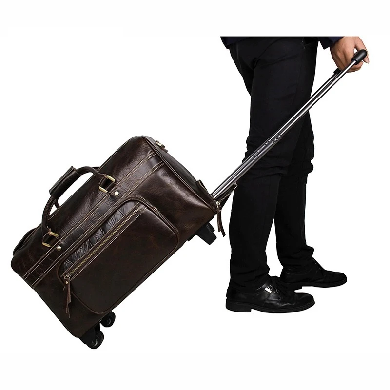 Высококачественная Мужская сумка на колесиках для путешествий из натуральной кожи, винтажный чемодан на колесиках, колеса в стиле ретро, сумка на багажник