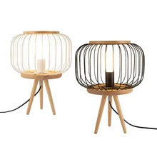 Japanese Solid Wood Table Lamp White Black Wrought Iron Cage Sconces EU/US Plug in Standing LED Light For Bedside Living Room