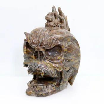 

6" 2177g,BAMBOO JASPER Handmade Carved Crystal Flame Skull Crystal Realistic Healing Furnishing Articles Figurine TF55