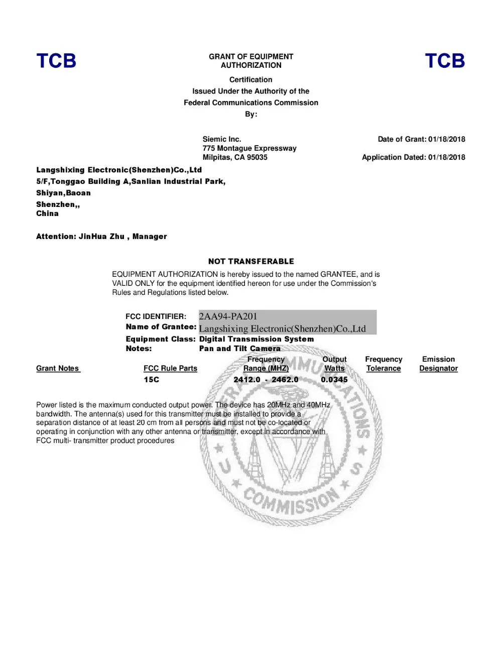  FCC ID 2AA94-PA201 DTS TC810592_1542714387390-001