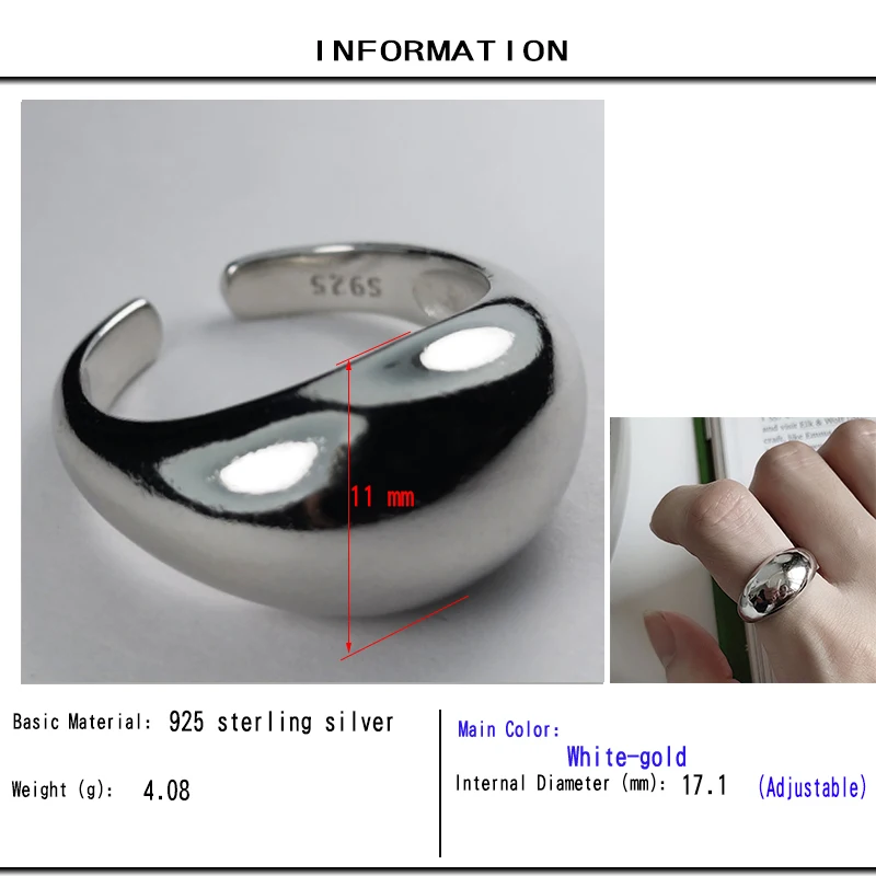 Настоящее 925 пробы Серебряное Открытое кольцо для женщин и девушек Ins простое геометрическое гладкое лицо супер каплевидное регулируемое кольцо Шарм