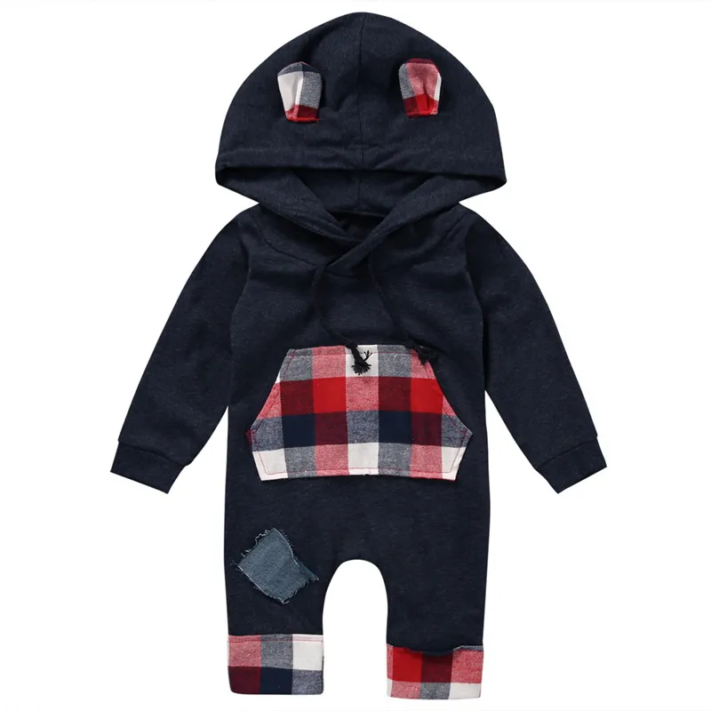 Cute Toddler Infant Kids Baby Boys Clothing Long Sleeve Bear Ears Plaid Pocket Patchwork Hooded