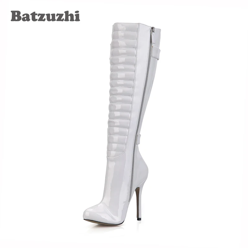 

Batzuzhi-12cm White Leather Women Long Boots Stiletto Winter Knee High Boots Leather Long Boots Women for Party Size 35-43
