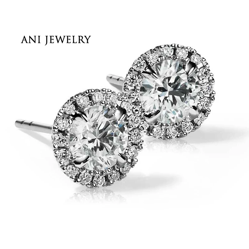 

ANI 18K White Gold Women Wedding Earrings 1.6 CT Certified I/S1 Real Natural Diamond Luxury Round Halo Stud Earrings Customized