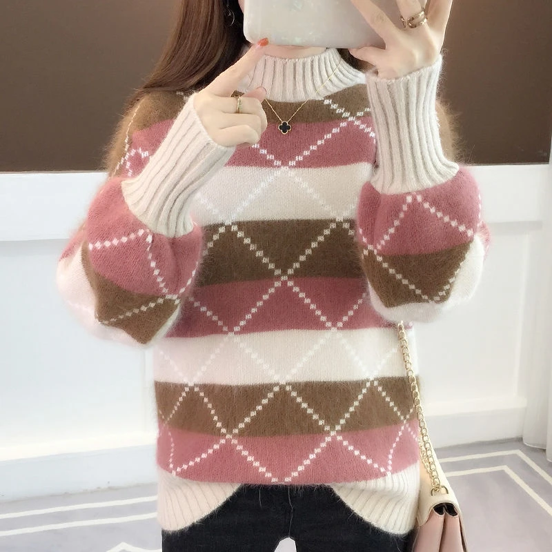 Neploe, корейский осенне-зимний вязаный свитер свободного кроя с воротником под горло, пуловер в полоску, свитера, одежда Loveley 45511