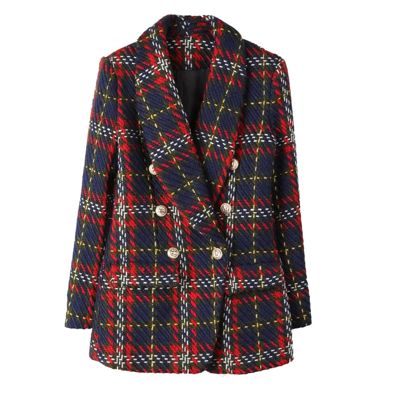 

2018 New Winter Wool Jacket Coat Double-breasted Embroidery Notched Lapels Women Button Plaid Printed Coat Tops X126