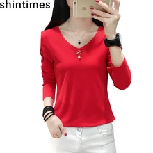 Shintimes Autumn Vogue Tee 2019 Korean Slim White Cotton V-Neck T Shirt Solid Women Flower Long Sleeve Mesh Top Tee Shirt Femme choker neck solid tee