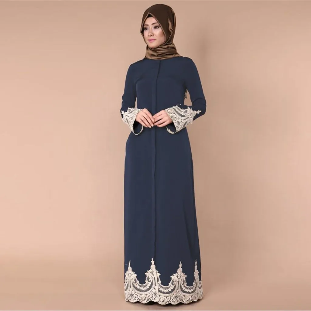 Скромное мусульманское платье с кружевной аппликацией, халат Дубай абайя, модное женское мусульманское кружевное платье с полной пряжкой, мусульманское длинное платье_ 3,30