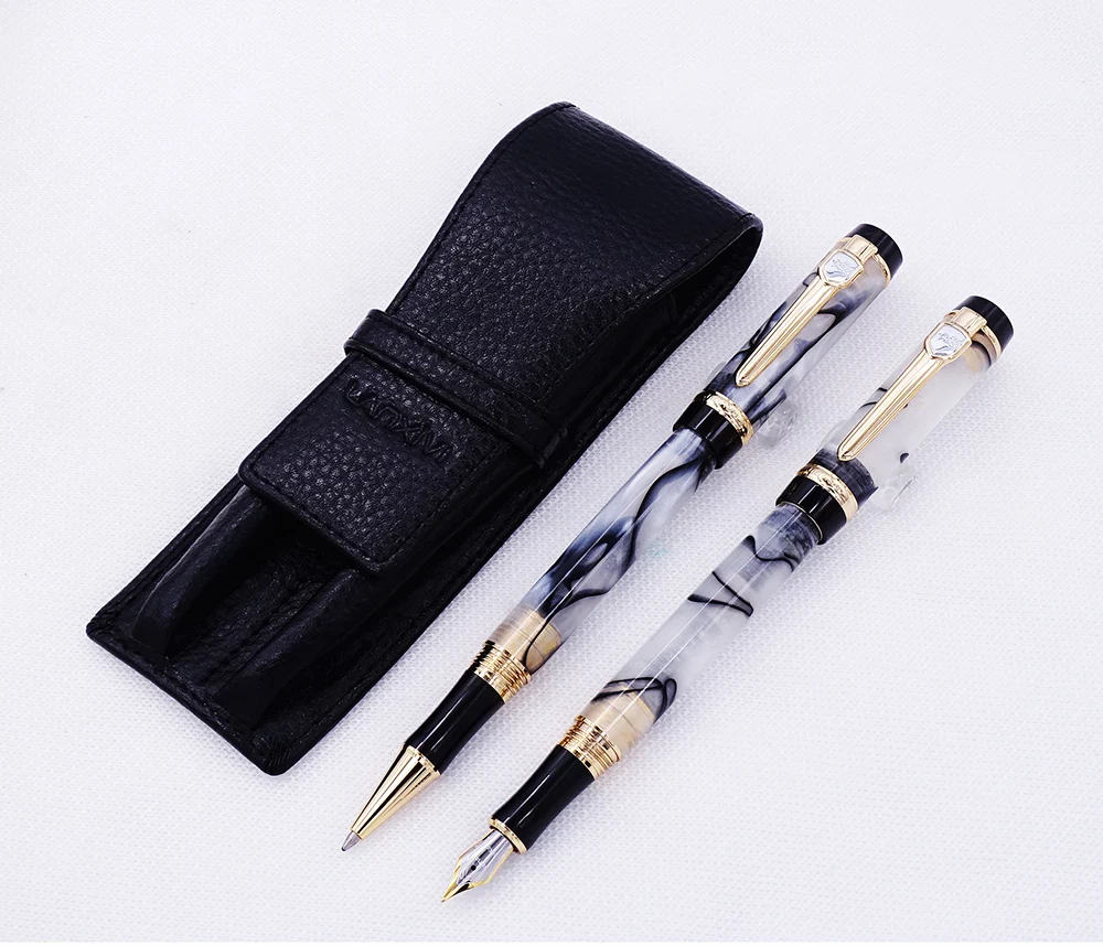 

Jinhao Century Series White Celluloid Fountain Pen & Rollerball Pen with Real Leather Black Pencil Case Washed Cowhide Pen Case