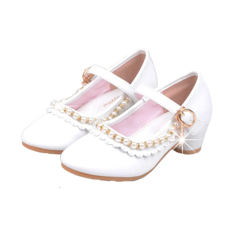Обувь для девочек для детских каблук туфли для девочки модная одежда для девочек туфли в стиле «Принцесса» с Бисер студент вечерние кожаная обувь - Цвет: white