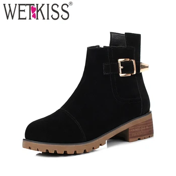 

WETKISS New Spring Women Ankle Boots Zipper Suqare Thick Heels Round Toe Footwear 2019 Fashion Cow Suede Ladies Shoes Big Size