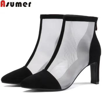 

ASUMER 2020 hot sale new ankle boots for women pointed toe zip mesh+suede leather boots classi ladies high heels shoes